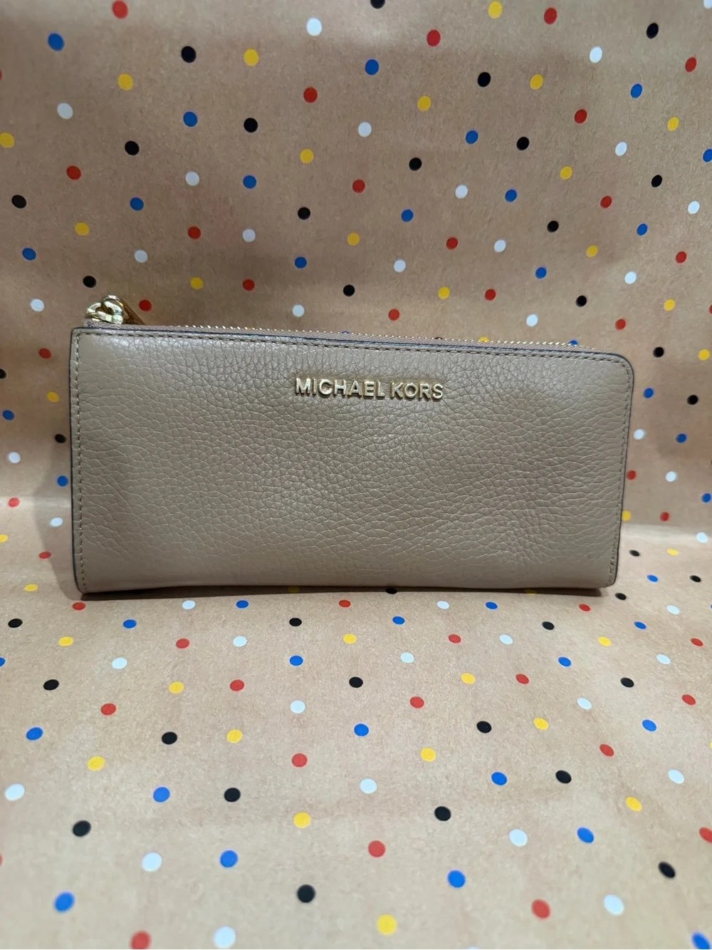 Michael Kors Taupe Pebbled Leather Zip Wallet with Gold Logo